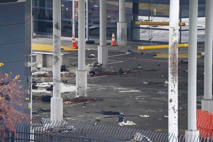 Debris is scattered about inside the customs plaza at the Rainbow Bridge border crossing, Wednesday, Nov. 22, 2023, in Niagara Falls, N.Y.