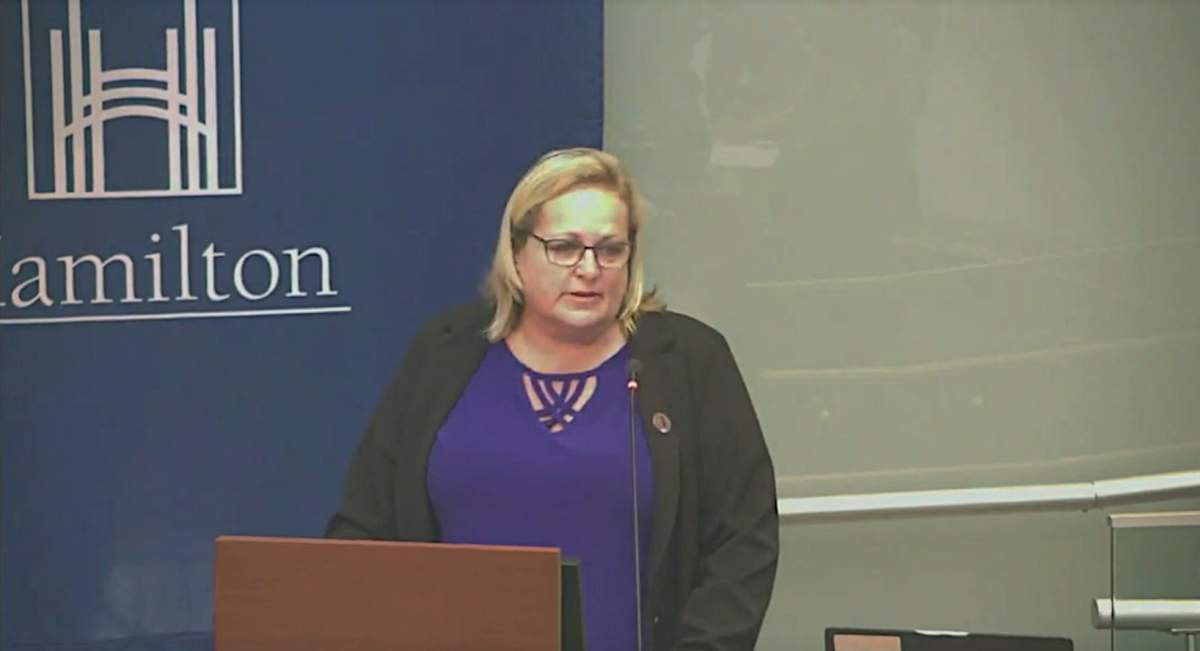 Hamilton Police Association President Jaimi Bannon during a presentation on member wellness during an October 26, 2023 police services board meeting.