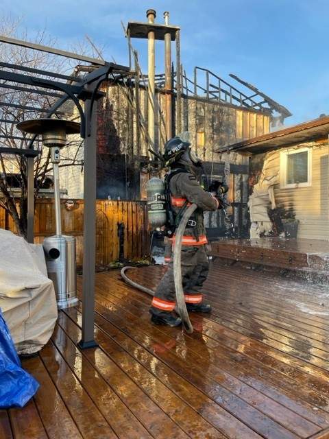 Fire damage from two homes in the Zeman Crescent area of Saskatoon on Monday.