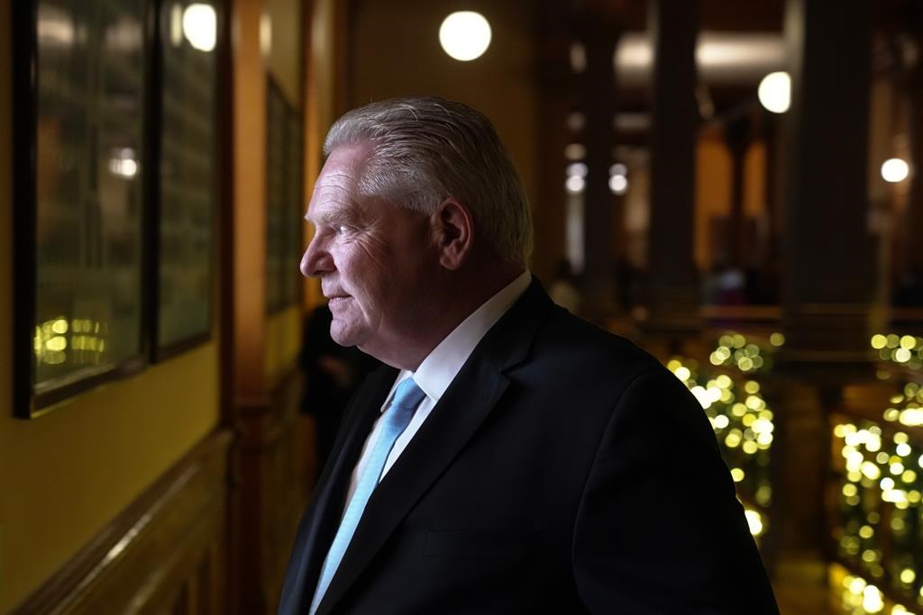 Ontario's opposition parties say a move by the Progressive Conservative government to bypass key debate and public hearings on a bill to push their Ontario Place redevelopment plans forward is undemocratic. Ontario Premier Doug Ford returns from a news conference in Toronto on Monday Nov. 27, 2023. THE CANADIAN PRESS/Chris Young.