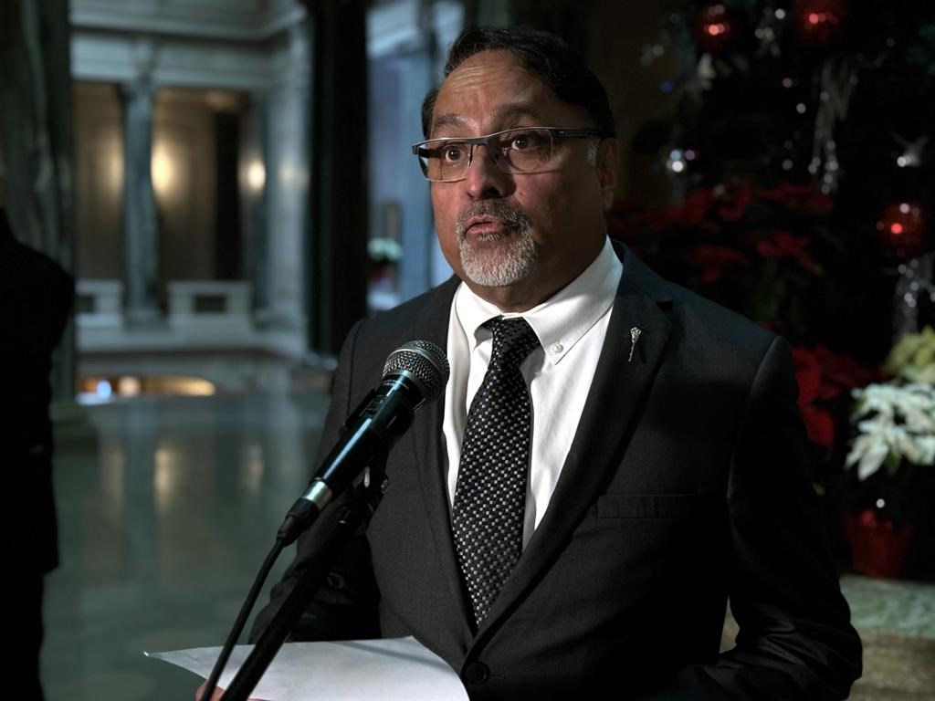 Saskatchewan Party legislator Gary Grewal speaks to reporters on Monday Dec. 4, 2023 in Regina. THE CANADIAN PRESS/Jeremy Simes