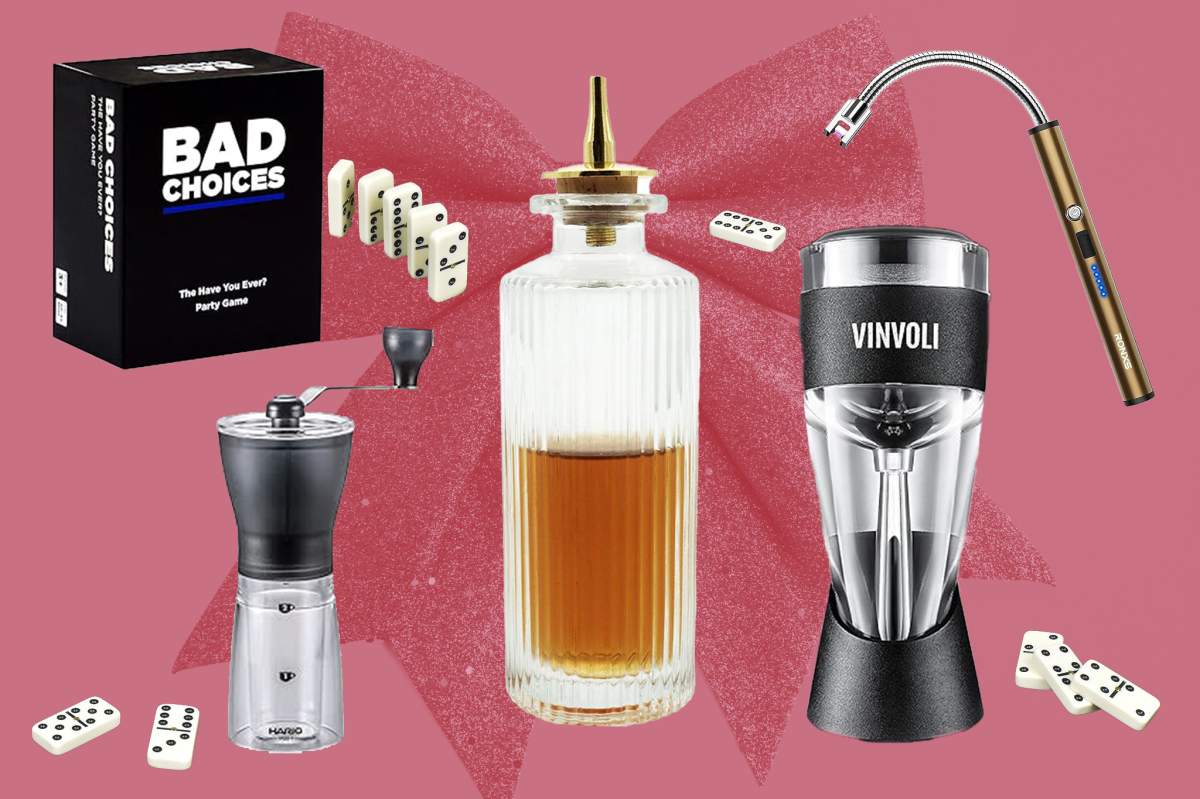 Various gifts for hosts including board game, BBQ lighter, dominos, coffee grinder