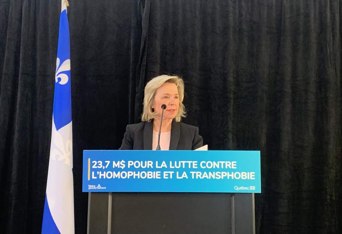 Martine Biron at a press conference announcing Quebec's plan to fight Homophobia and Transphobia. Thursday December 14th, 2023.