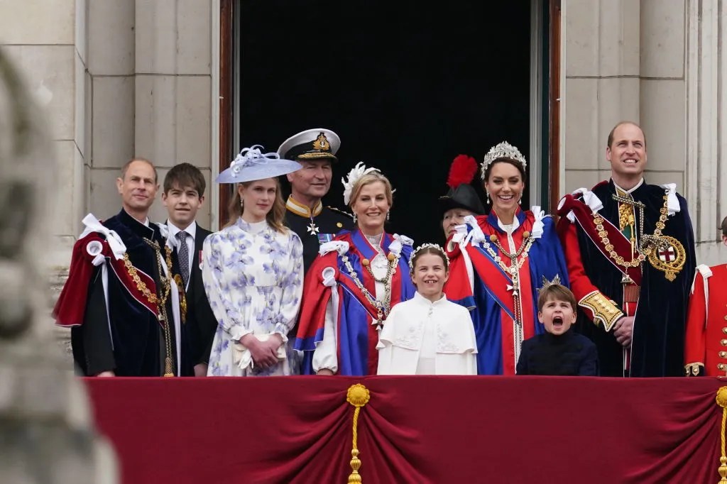 (left to right) the Duke of Edinburgh, the Earl of Wessex, Lady Louise Windsor, Vice Admiral Sir Tim Laurence ,the Duchess of Edinburgh, the Princess Royal, Princess Charlotte, the Princess of Wales, Prince Louis, the Prince of Wales on the balcony of Buckingham Palace, London, to view a flypast by aircraft. (Photo by Owen Humphreys/PA Images via Getty Images).