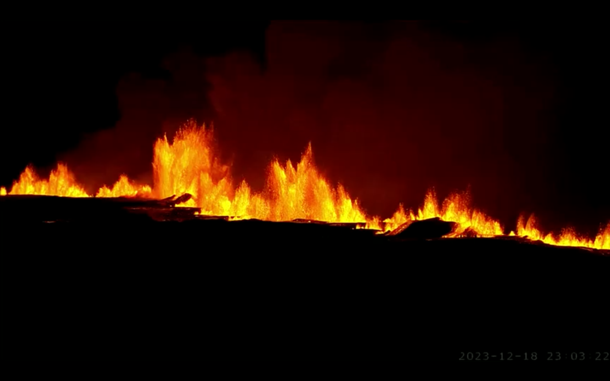 The eruption of a volcano on the Reykjanes peninsula of south-west Iceland is viewed in this still image from a livestream video.