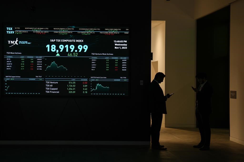 A signboard is displayed at the TMX in Toronto, Wednesday, Nov. 1, 2023. THE CANADIAN PRESS/Chris Young.