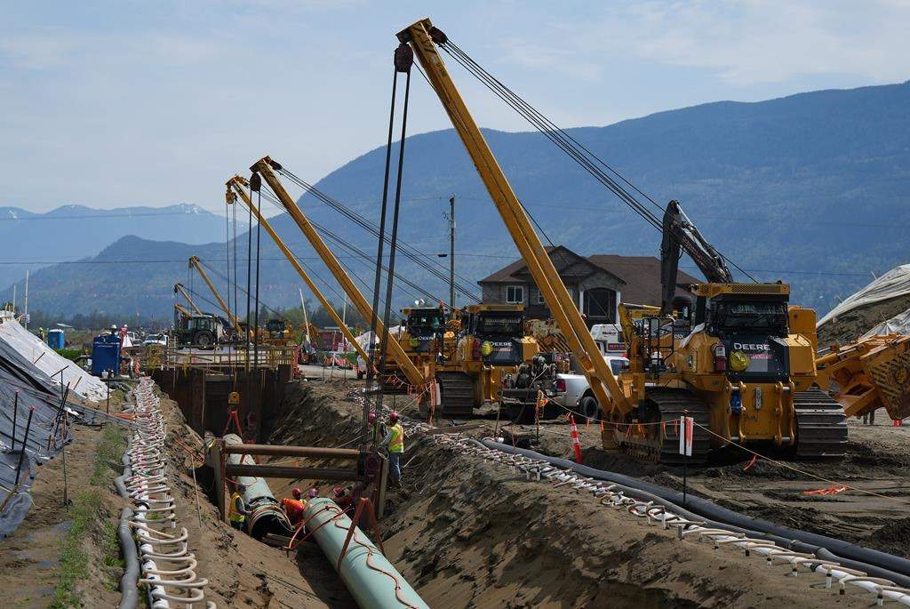 Workers lay pipe during construction of the Trans Mountain pipeline expansion, in Abbotsford, B.C., on Wednesday, May 3, 2023.