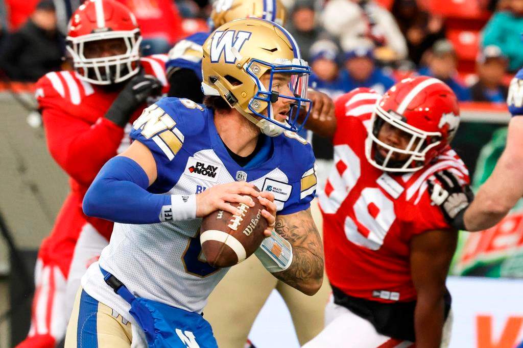 The Ottawa Redblacks signed Dru Brown to a two-year deal Wednesday from the Winnipeg Blue Bombers in exchange for a ’24 fifth-round draft pick. Brown (6) runs the ball during first half CFL football action against the Calgary Stampeders, in Calgary, Alta., Friday, Aug. 18, 2023. THE CANADIAN PRESS/Larry MacDougal.