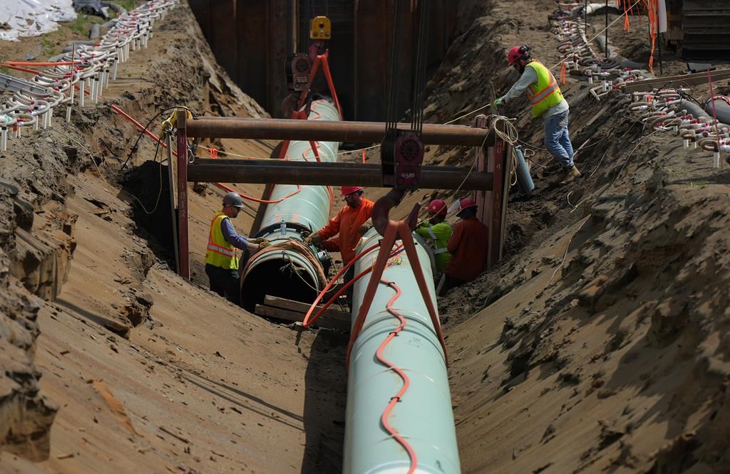 Workers lay pipe during construction of the Trans Mountain pipeline expansion on farmland, in Abbotsford, B.C., Wednesday, May 3, 2023.