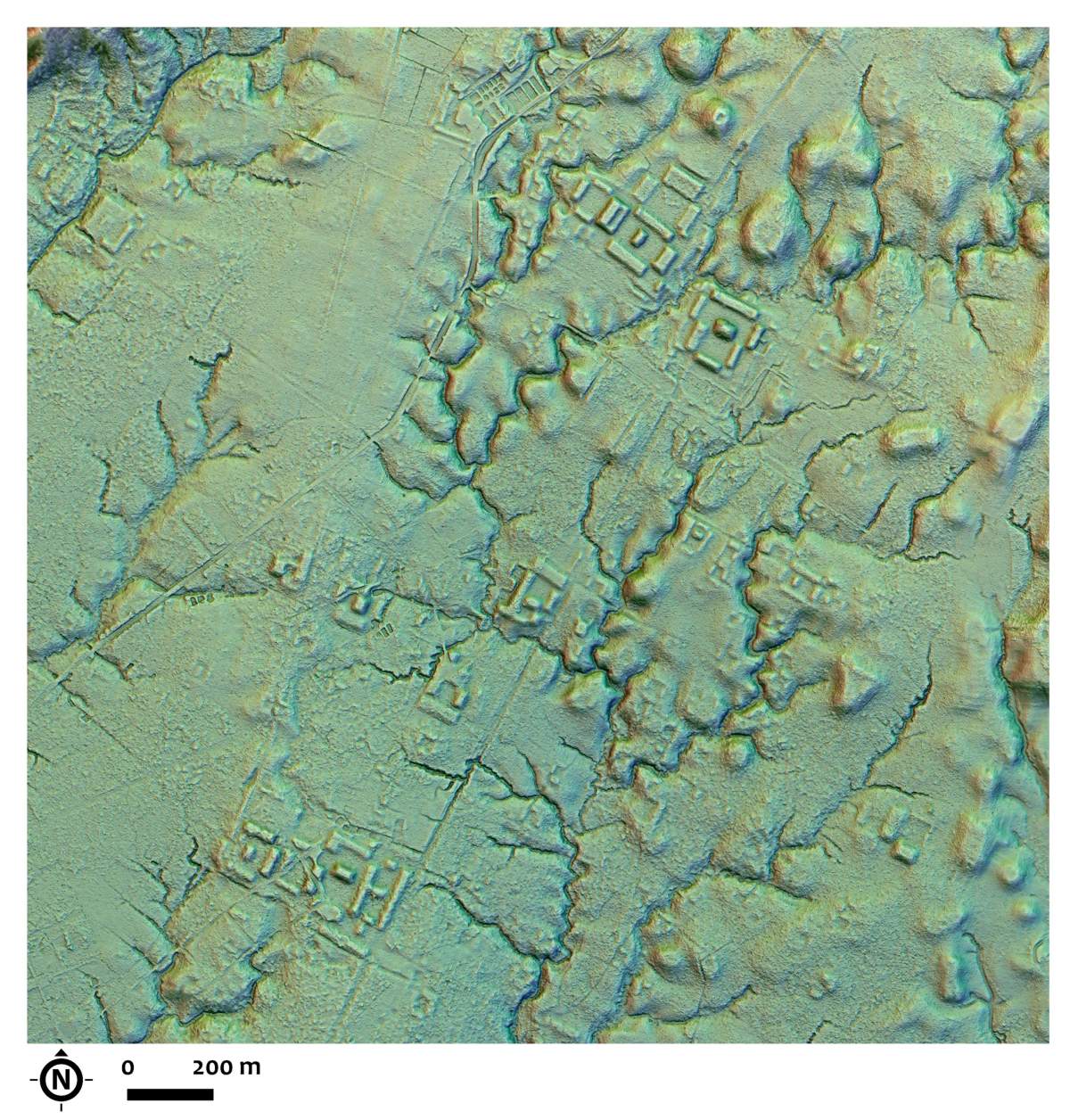 This LIDAR image provided by researchers in January 2024 shows a main street crossing an urban area, creating an axis along which complexes of rectangular platforms are arranged around low squares at the Copueno site, Upano Valley in Ecuador.