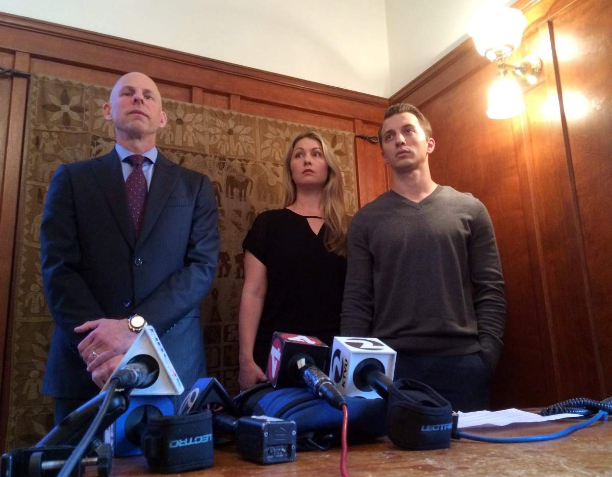 Lawyer Anthony Douglas Rappaport speaks at a news conference with his clients, Denise Huskins and her boyfriend Aaron Quinn, right, in San Francisco, Thursday, Sept. 29, 2016. Matthew Muller, a disbarred Harvard University-trained attorney pleaded guilty Thursday to kidnapping Huskins in a bizarre case that police in California initially dismissed as a hoax.