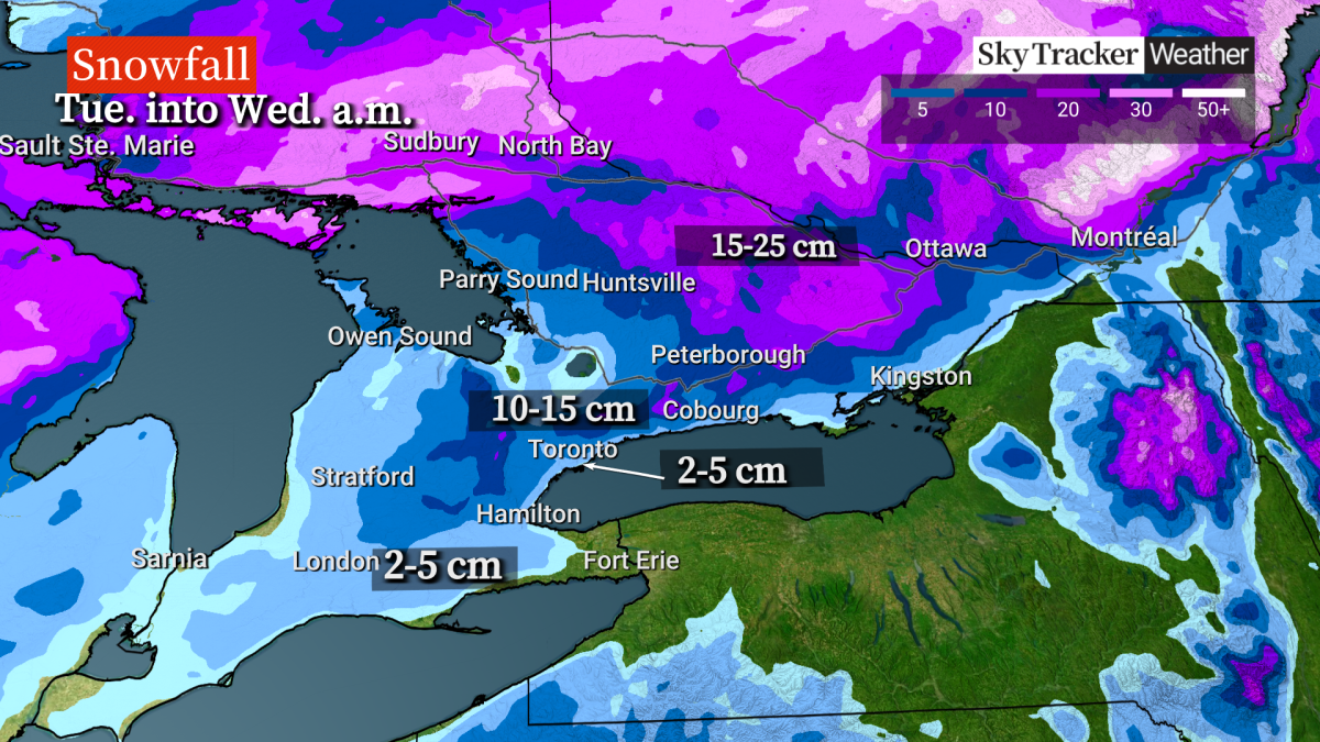 Forecasted snow totals as of Monday morning.
