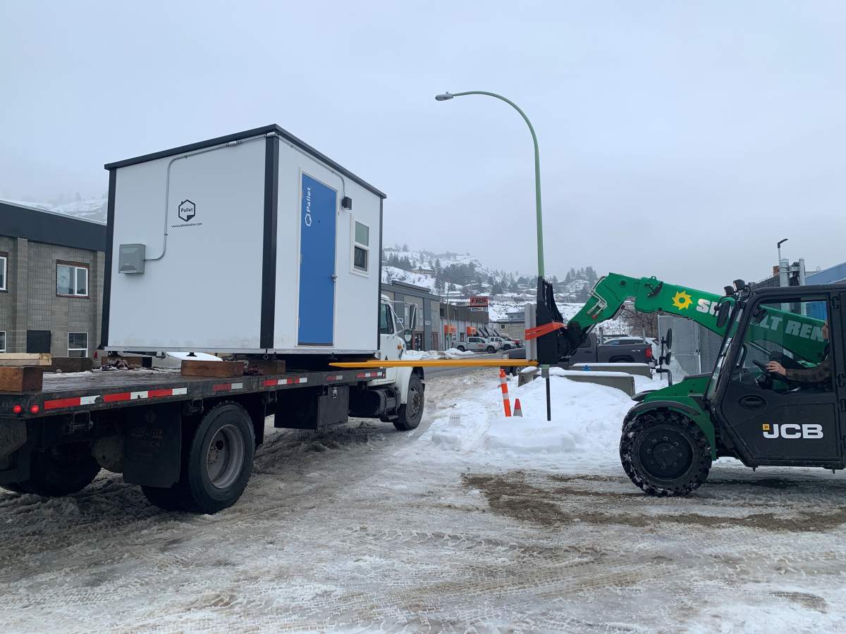 One of the 60 tiny homes that was delivered to Kelowna for a homeless encampment in the city's north end.