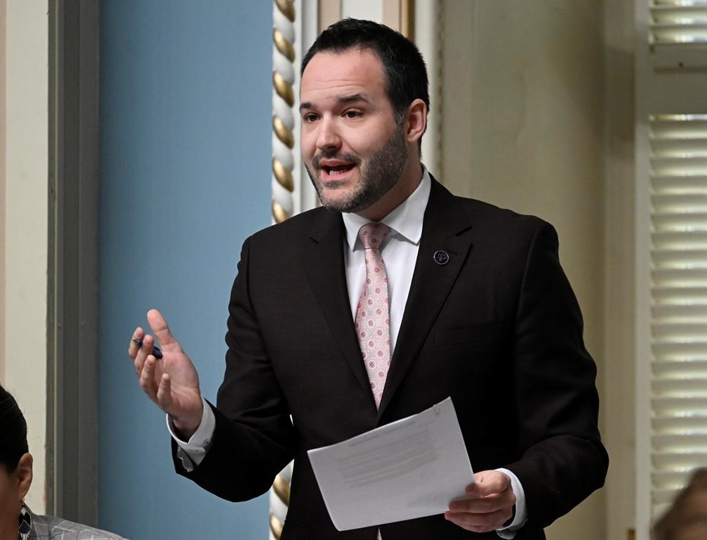Quebec Culture and Communication Minister Mathieu Lacombe responds to the Opposition during question period, Wednesday, April 26, 2023, at the legislature in Quebec City. Quebec is considering legislation to boost French content on streaming platforms as it seeks to fight back against the overwhelming influence of American digital culture and corporations.THE CANADIAN PRESS/Jacques Boissinot.