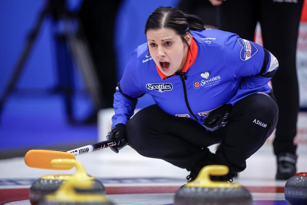 Team Manitoba-Cameron skip Kate Cameron encourages her teammates as they play Team Alberta in Page playoffs at the Scotties Tournament of Hearts in Calgary, Saturday, Feb. 24, 2024.
