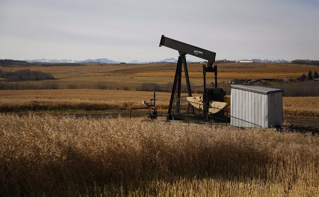 A decommissioned pumpjack is shown at a well head on an oil and gas installation near Cremona, Alta., Saturday, Oct. 29, 2016.