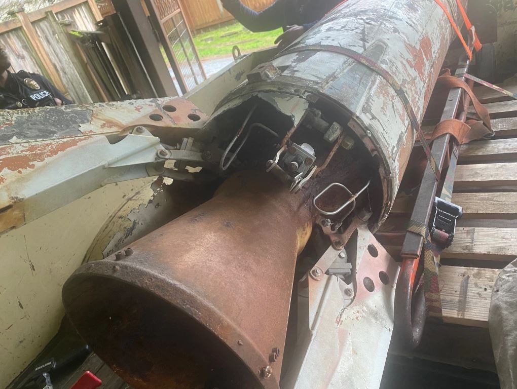 A police-supplied photo of the Cold War-era missile, seen strapped down here to a dolly inside a deceased resident’s garage.