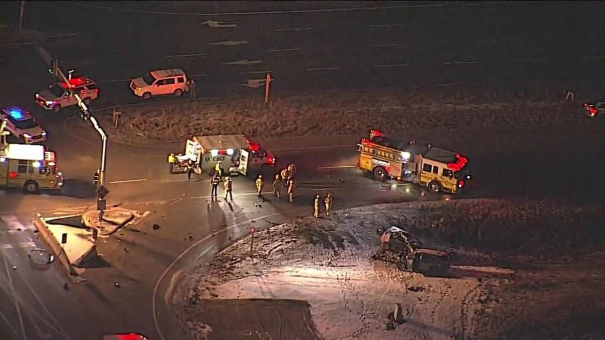 Emergency crews in Leduc County respond to a crash at Nisku Spine Road and 35th Avenue on Feb. 22, 2024.