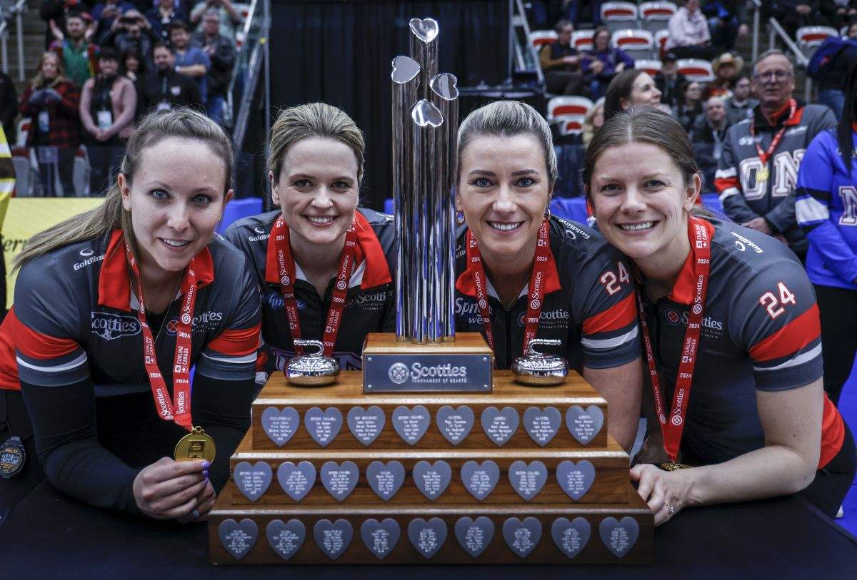 Team Ontario-Homan skip Rachel Homan, left to right, vice-skip Tracy Fleury, second Emma Miskew, lead Sarah Wilkes stand with the trophy after defeating Team Manitoba-Jones in the final at the Scotties Tournament of Hearts in Calgary, Sunday, Feb. 25, 2024.