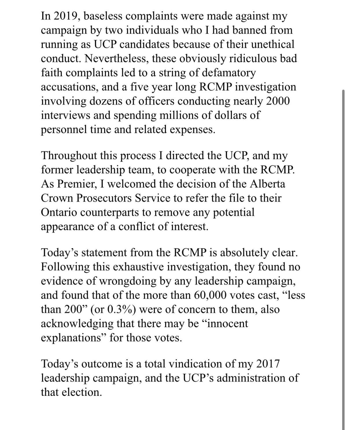 Jason Kenney statement on RCMP investigation into 2017 UCP leadership race