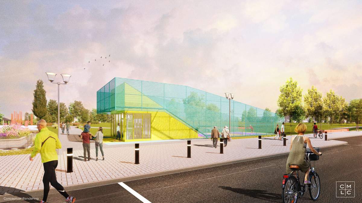 A rendering of a facility containing new public washrooms and a pickleball court for Calgary's East Village neighbourhood.