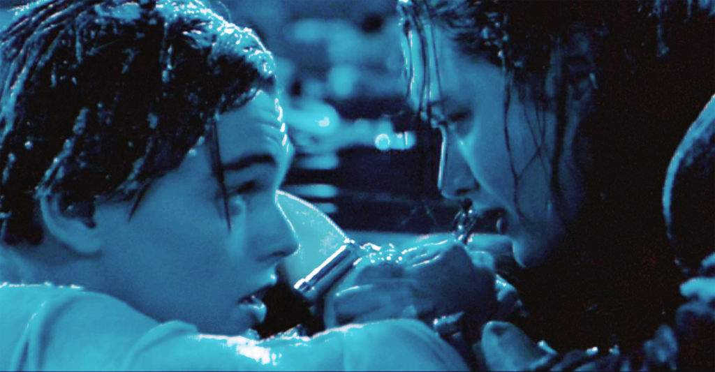 A screen capture from 'Titanic' shows Leonardo DiCaprio as Jack and Kate Winslet as Rose.