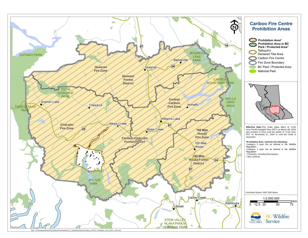 A map of areas covered by B.C.’s first fire ban of 2024.