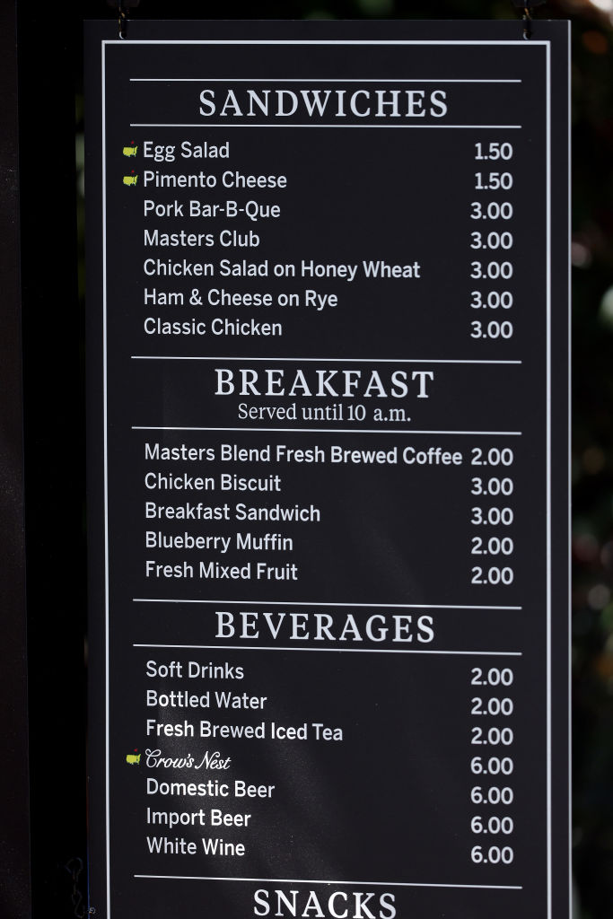 A concessions menu is displayed during a practice round prior to the 2024 Masters Tournament at Augusta National Golf Club on April 08, 2024 in Augusta, Georgia.