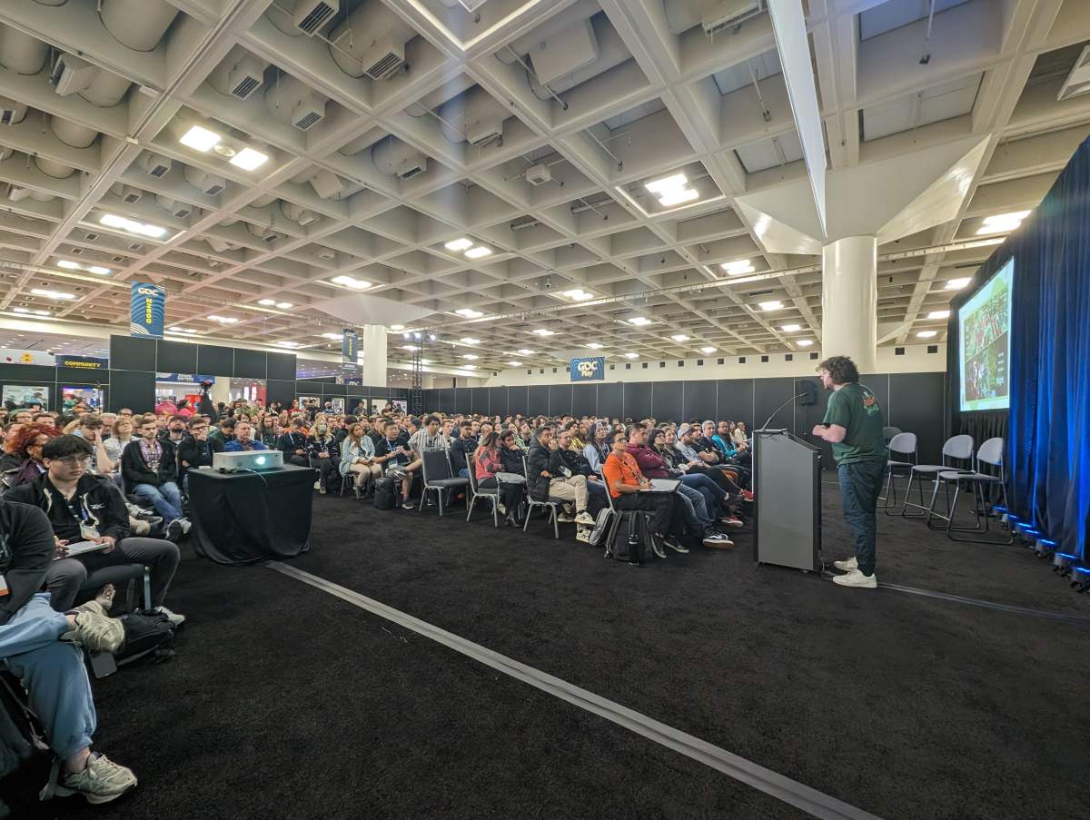 Isael Huard, co-founder and producer of Caldera Interactive, presenting his pitch at the 2024 Game Developer Conference in March.