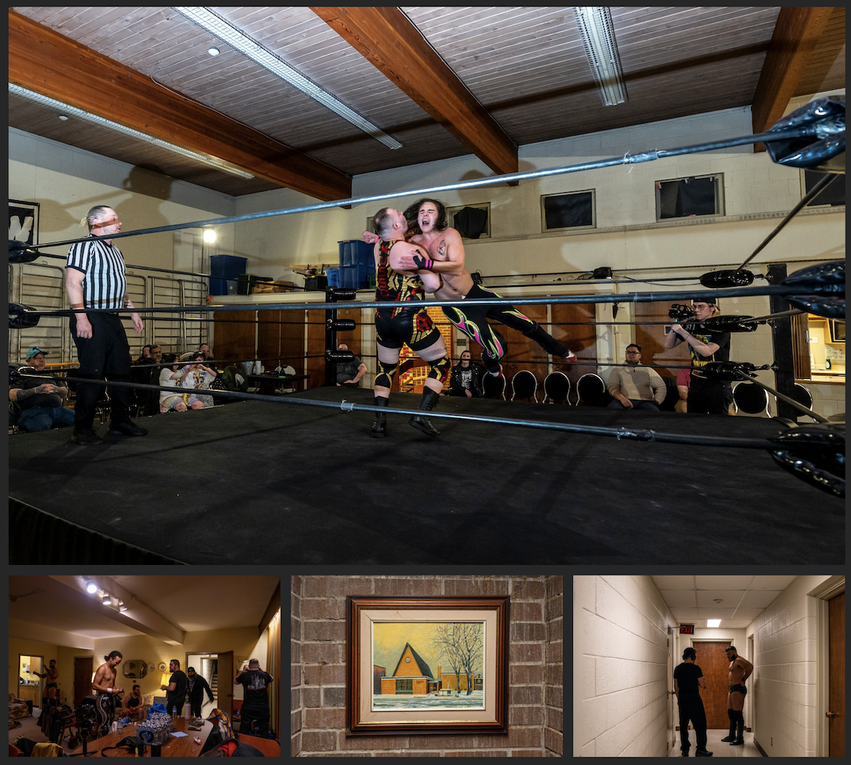(Above): Two wrestlers collide mid-air during a match. (Below): Three small images of wrestlers getting ready for a match and a painting of the Knox Presbyterian Church in the middle.