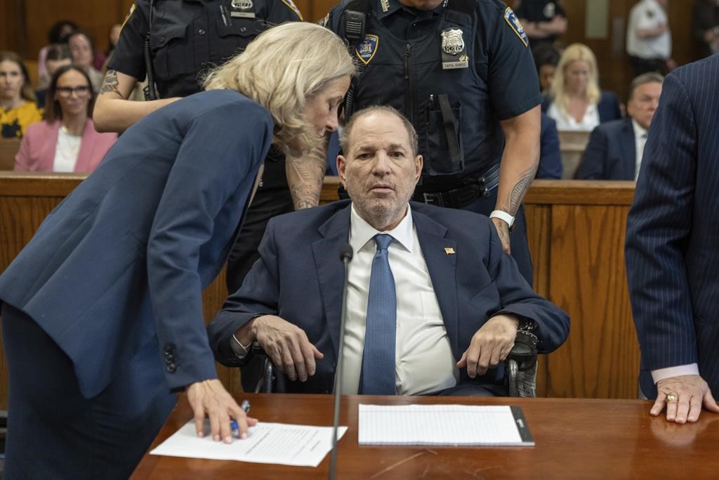 Harvey Weinstein appears at Manhattan criminal court for a preliminary hearing on Wednesday, May 1, 2024 in New York. Weinstein made first appearance since his 2020 rape conviction was overturned by an appeals court last week.