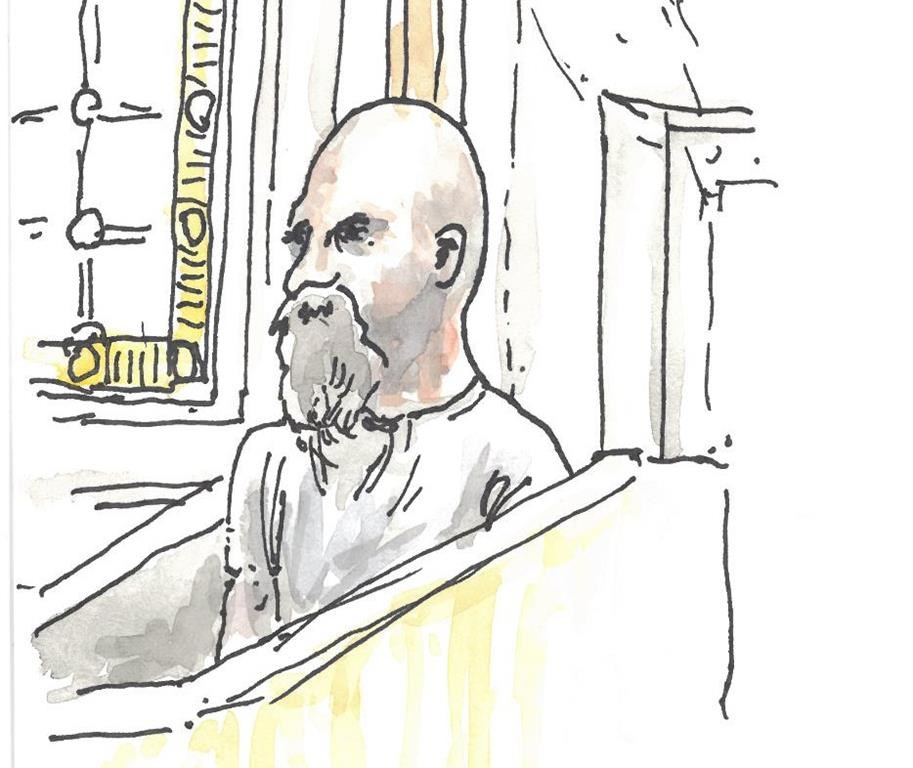 Jeremy Skibicki appears in a courtroom sketch in Winnipeg on Monday, May 6, 2024. Skibicki has admitted to killing four women but claims he’s not criminally responsible because of mental illness.