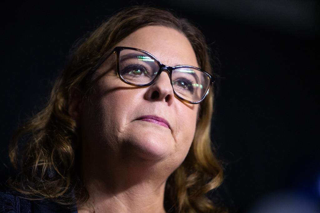 Manitoba Progressive Conservative Leader Heather Stefanson is shown during a speech at the PC election night party in Winnipeg on Tuesday, Oct. 3, 2023. New figures show the Manitoba Progressive Conservatives finished last year with $1.2 million in debt and other liabilities. THE CANADIAN PRESS/Daniel Crump.