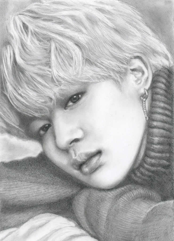 A pencil drawing of BTS member Park Ji-min (known as Jimin) by Christine Noels.