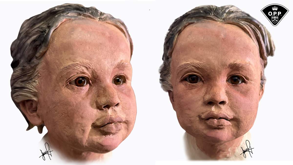 A 3D facial approximation of a small child whose remains were discovered in the Grand River in Dunnville, Ont., on May 17, 2022.