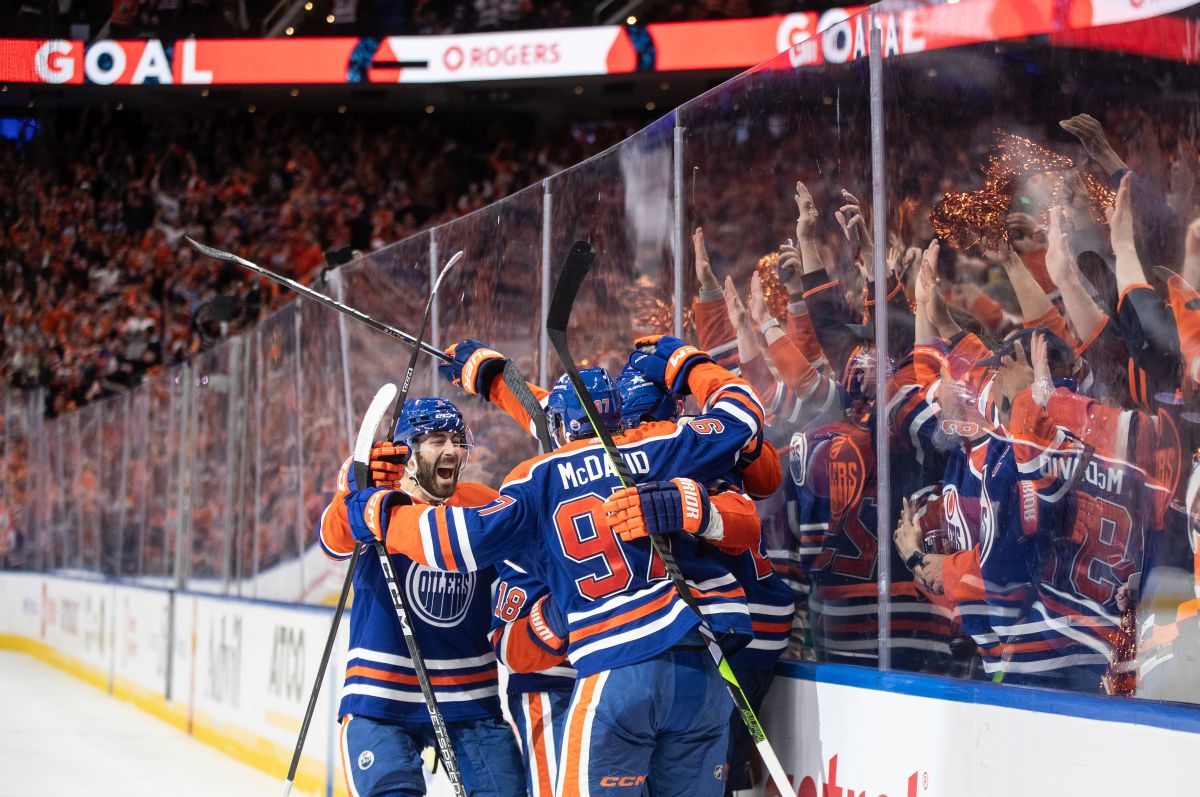 Edmonton Oilers' Evan Bouchard (2), Zach Hyman (18), Leon Draisaitl (29) and Connor McDavid (97) celebrate a goal against the Dallas Stars during second period action in game 4 of the Western Conference finals of the NHL Stanley Cup playoffs in Edmonton on Wednesday May 29, 2024.