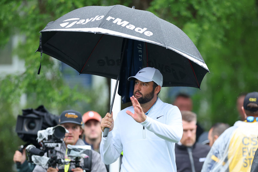 Scottie Scheffler of the United States reacts before teeing off on the tenth tee during the second round of the 2024 PGA Championship at Valhalla Golf Club on May 17, 2024 in Louisville, Kentucky.