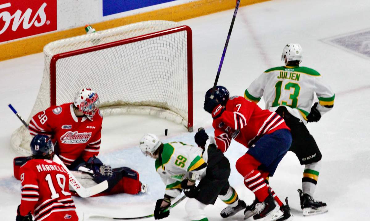 Oshawa, Ont. - Kasper Halttunen of the London Knights scores a second period goal in the London Knights championship clinching victory in Game 4 of the OHL Championship Series.