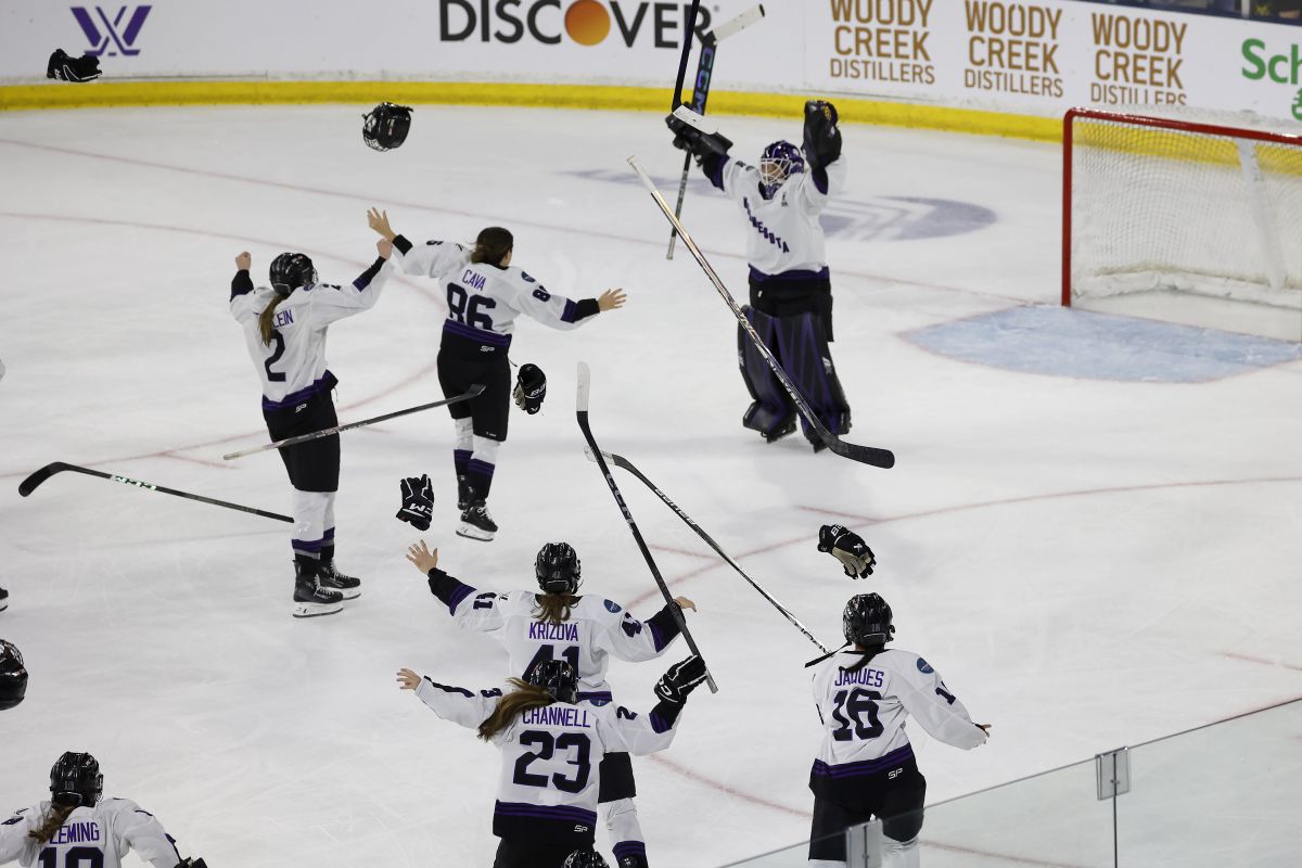 Minnesota players celebrate after defeating Boston to win the PWHL Walter Cup, Wednesday May 29, 2024, in Lowell, Mass.
