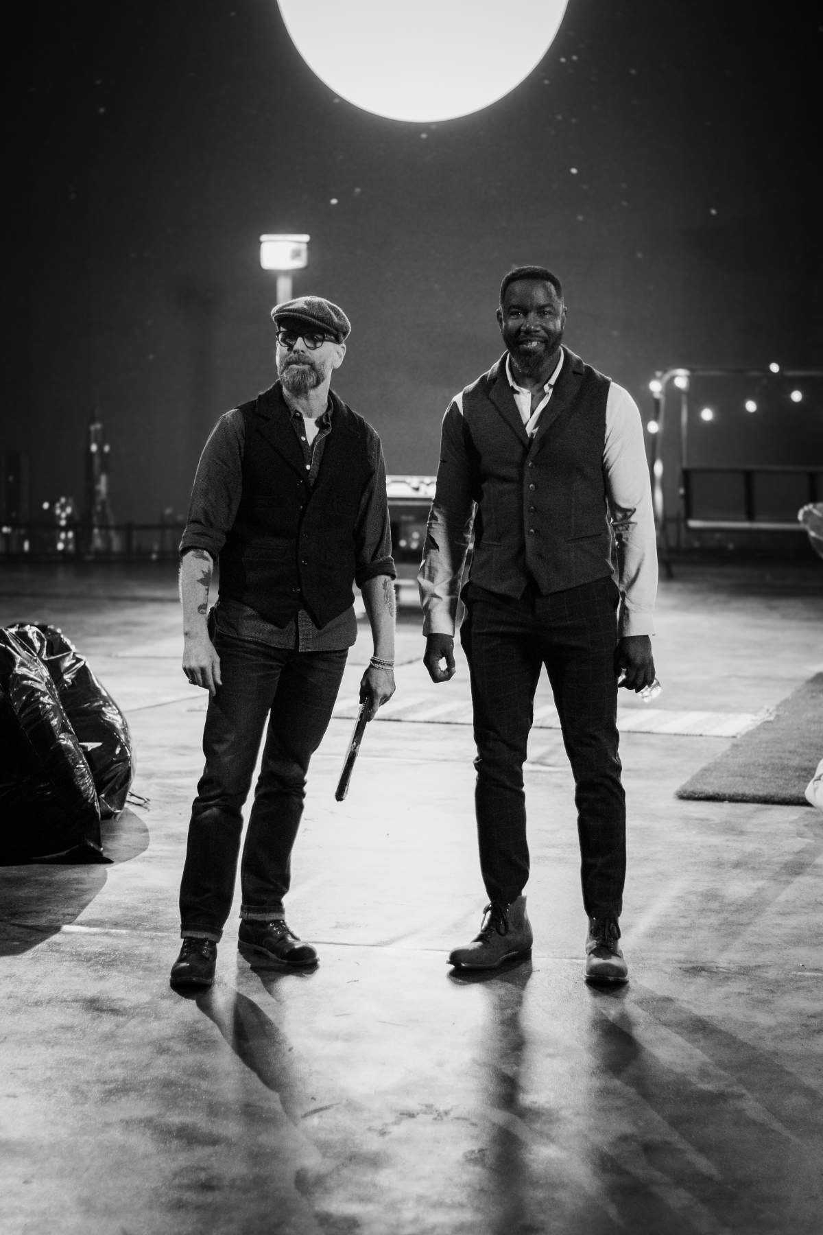 Director Markos Rounthwaite (left) and lead actor Michael Jai White on the first day of filming Hostile Takeover.