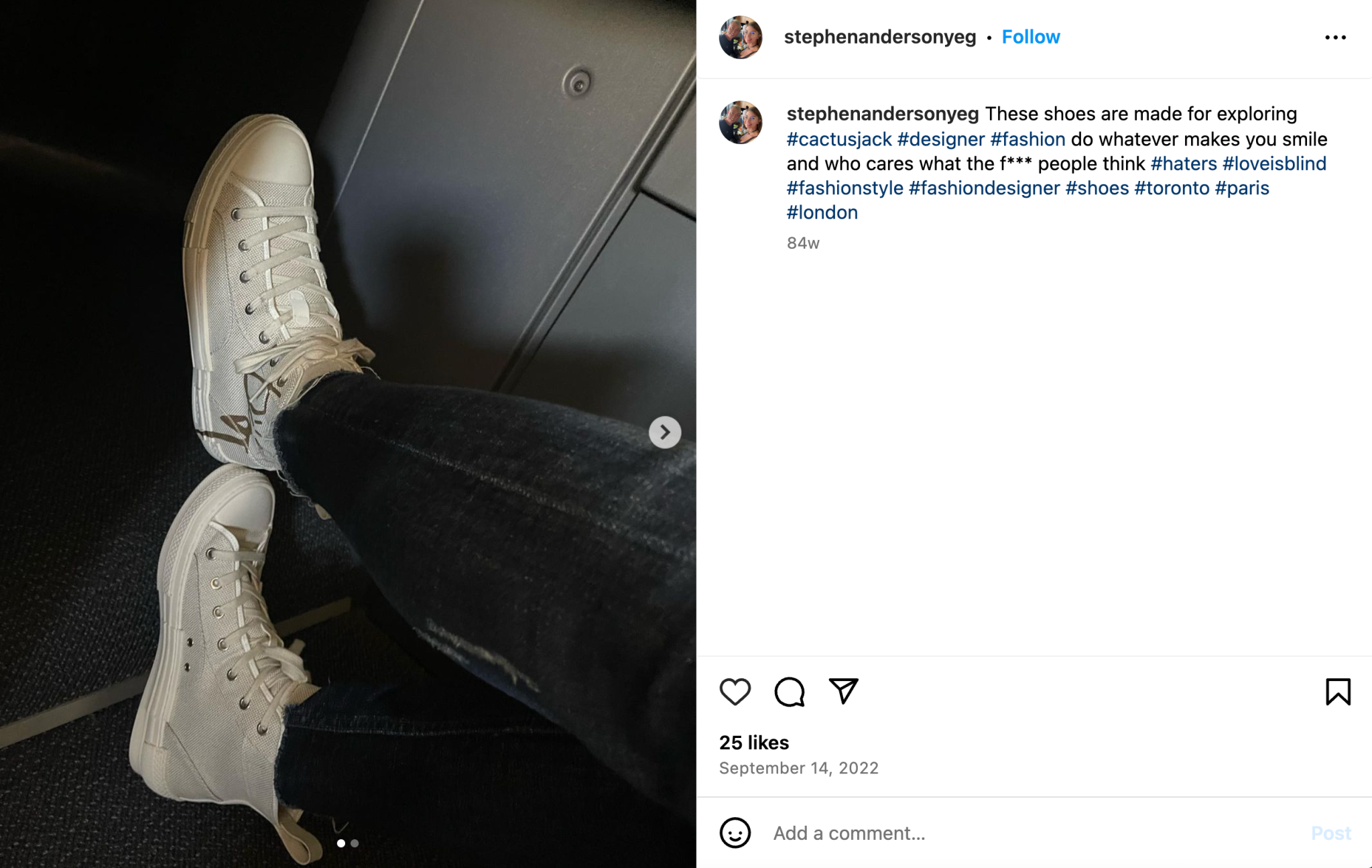 Stephen Anderson Instragram Post Sept. 2022 showing him wearing Dior hightop sneakers.