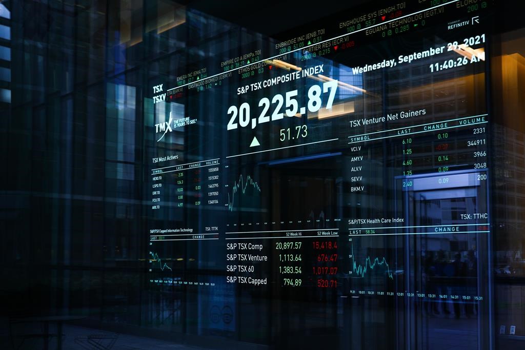 A sign board displays the TSX level in the financial district in Toronto on Wednesday, Sept. 29, 2021. 