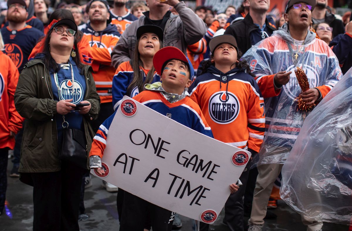 Oilers fans watch as the Edmonton Oilers take on the Florida Panthers during a watch party for Game 5 of the NHL Stanley Cup final, in Edmonton on Tuesday, June 18, 2024.