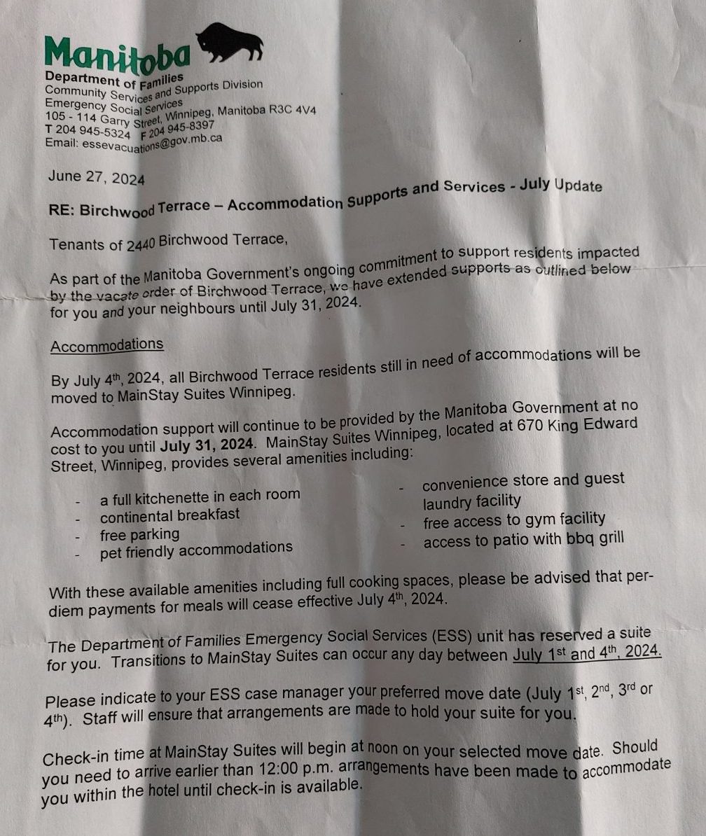 A letter from the Manitoba government to Birchwood Terrace residents.