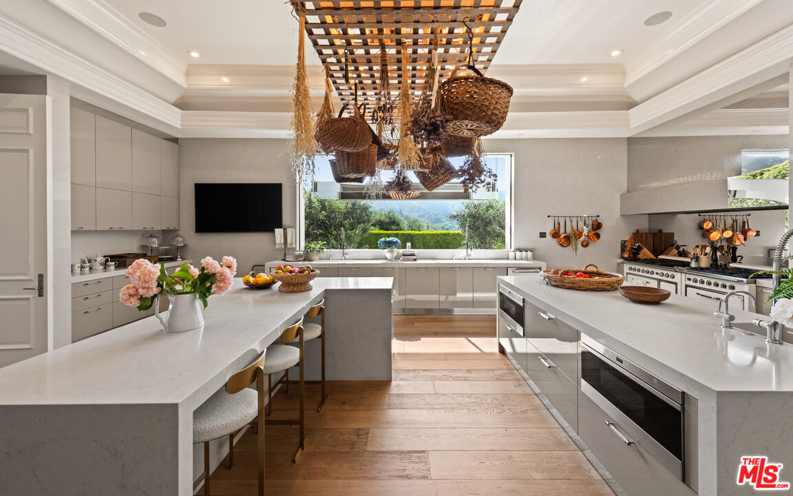 A modern kitchen with white and grey appliances and a window showing a view of the Beverly Hills mountains.