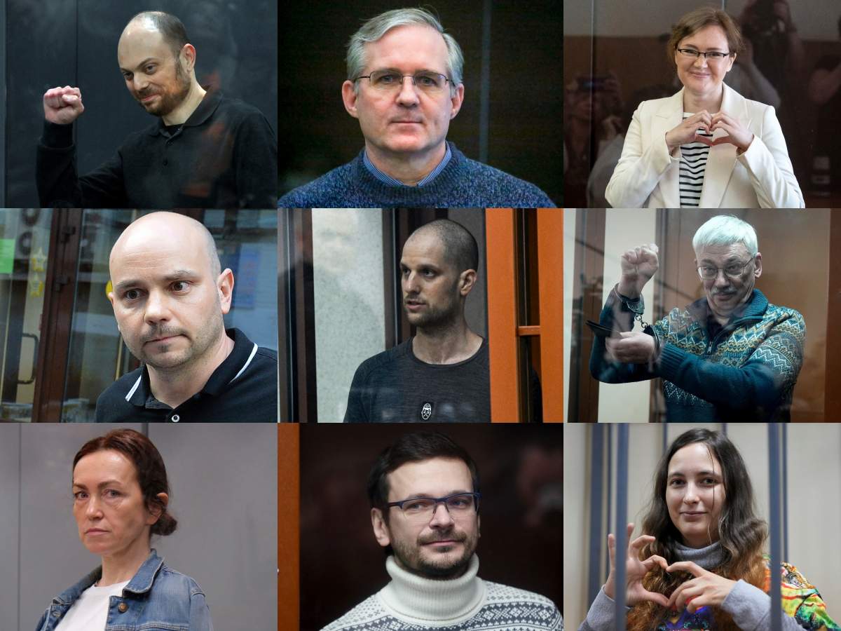 This photo combination shows, in the centre, Wall Street Journal reporter Evan Gershkovich, and clockwise from top left are Russian opposition activist Vladimir Kara-Murza, corporate security executive and former U.S. Marine Paul Whelan, Lilia Chanysheva, former coordinator of regional offices of the late opposition figure Alexei Navalny, co-chair of the Nobel Peace Prize winning Memorial Human Rights Centre Oleg Orlov, artist and musician Sasha Skochilenko, Russian opposition activist and former municipal deputy of the Krasnoselsky district Ilya Yashin, government-funded Radio Free Europe/Radio Liberty’s Tatar-Bashkir service Alsu Kurmasheva and former head of Open Russia movement Andrei Pivovarov. (AP Photo)