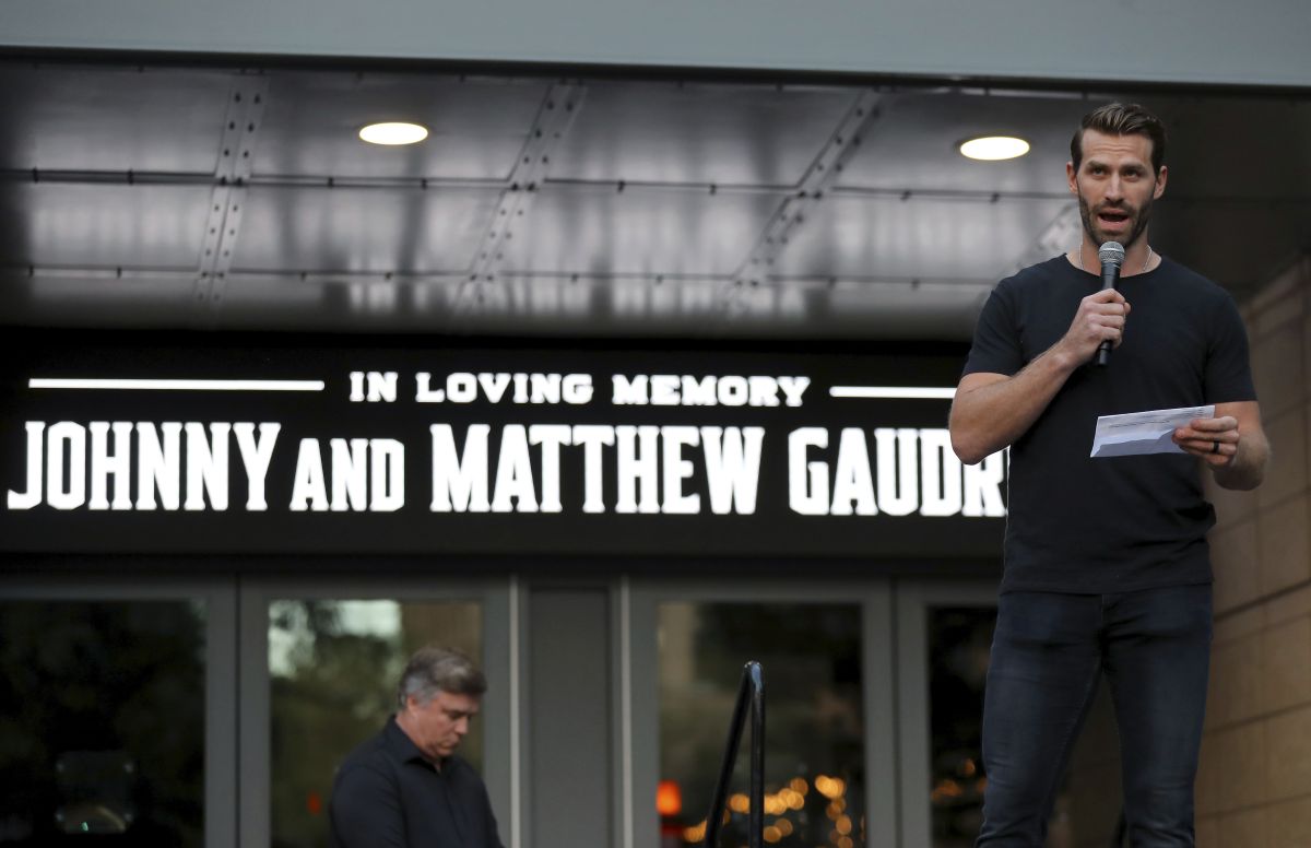 Columbus Blue Jackets player Boone Jenner speaks during the candlelight vigil to honour Columbus Blue Jackets hockey player Johnny Gaudreau, Wednesday, Sept. 4, 2024, outside of Nationwide Arena in Columbus, Ohio. Gaudreau and his brother Matthew were killed by a motor vehicle last week while riding bicycles.
