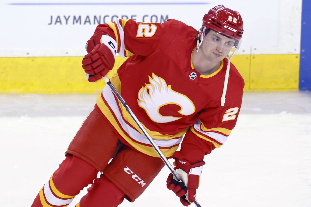 NHL profile photo on Calgary Flames player Jakob Pelletier at a game against the Seattle Kraken in Calgary, Alta. on March 4, 2024.