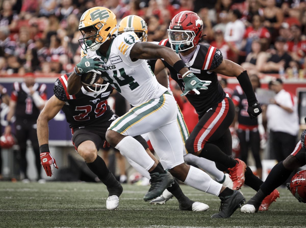 Edmonton Elks' Tevin Jones (84) runs a fumbled ball past Calgary Stampeders' Branden Dozier (3) and Ben Labrosse (29) during second half CFL football action in Calgary, Monday, Sept. 2, 2024.