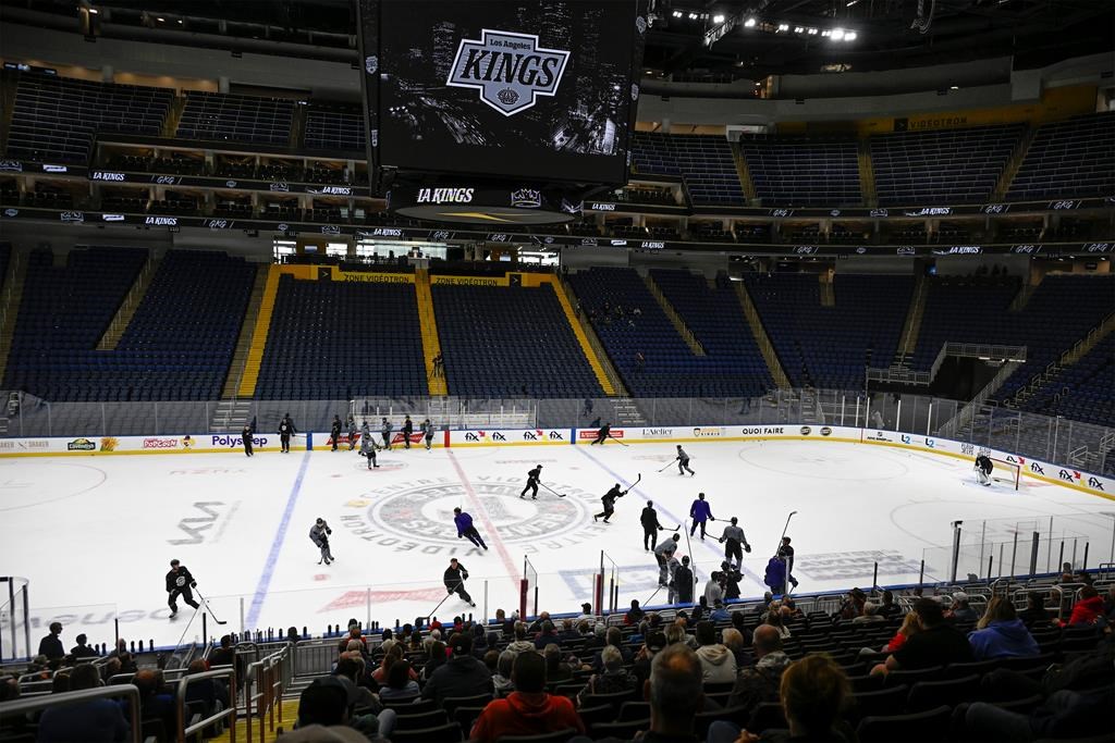 Los Angeles Kings players practice at the Vidéotron Centre Wednesday in Quebec City.